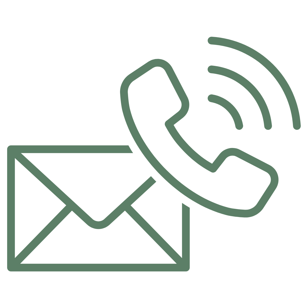 Sage green icon of an envelope and phone representing contact options
