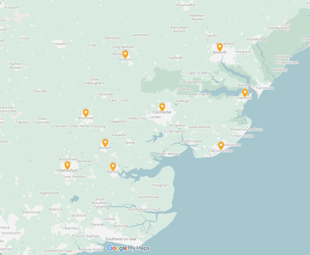 Map of Nolan Recruitment's coverage area across Essex and Suffolk with pins on key towns.