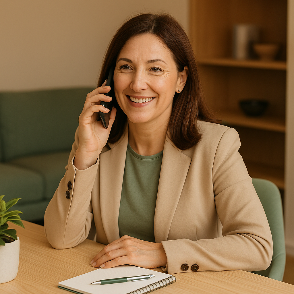 Professional recruitment consultant smiling while speaking with a client in a modern office