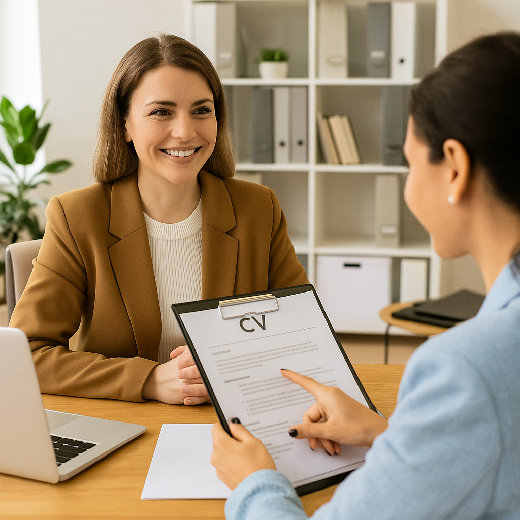 Two professional women discussing CVs in a modern office setting — one holding a laptop, the other reviewing documents. Friendly recruitment meeting.